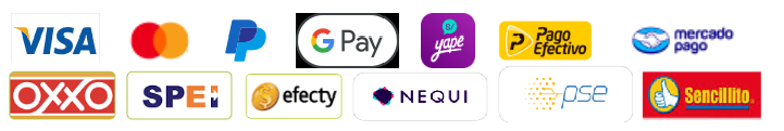 Métodos de pago aceptados: Visa, Mastercard, PayPal, Google Pay, Yape, PagoEfectivo, Mercado Pago y más