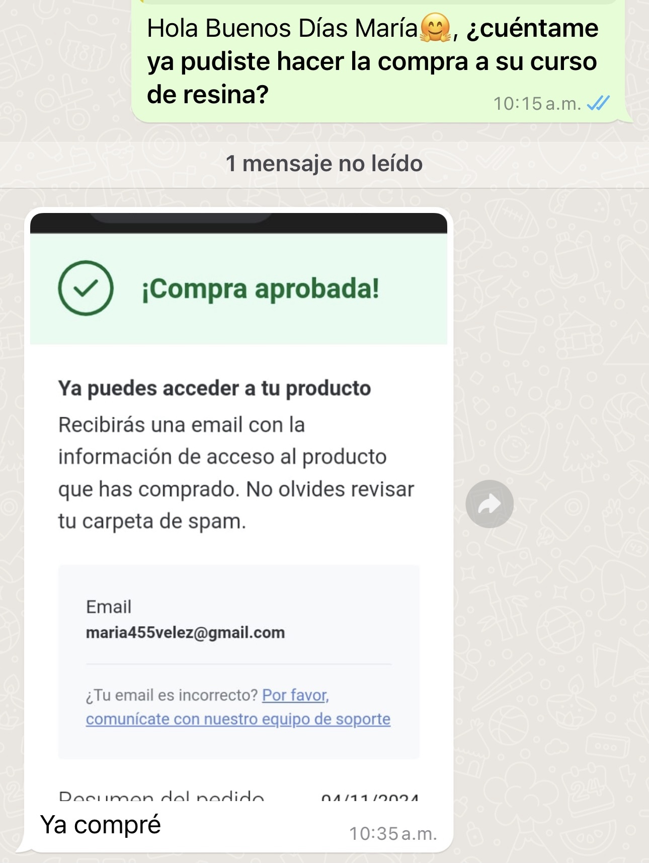 Mensaje real de un alumno satisfecho por WhatsApp