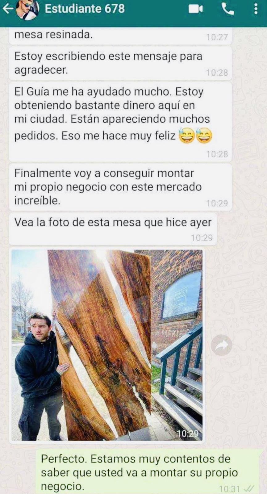 Mensaje real de un alumno satisfecho por WhatsApp
